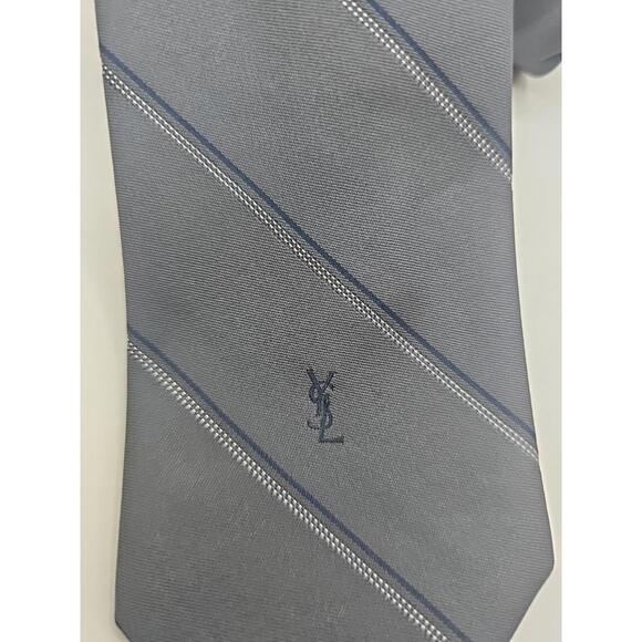 Yves Saint Laurent YSL Tie Embroidered Logo Vintage Gray Navy Striped 54" x 3" - Picture 1 of 3